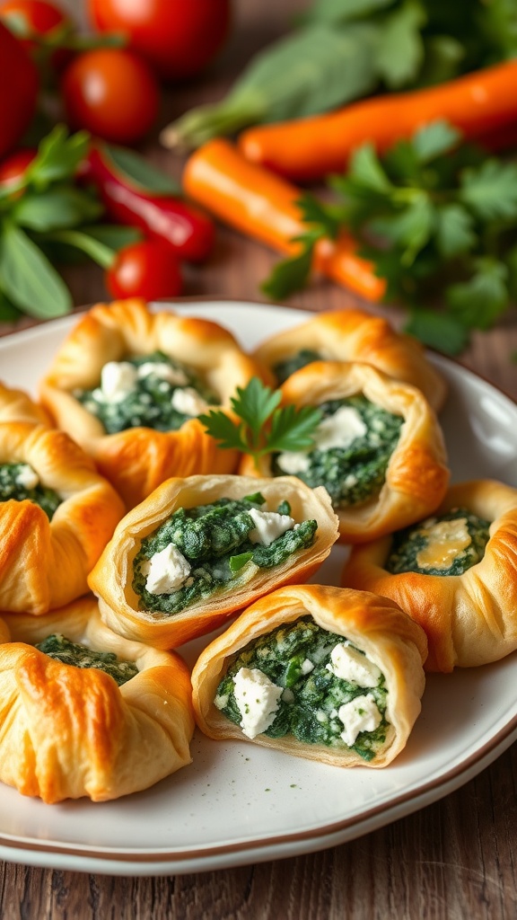 Golden puff pastries filled with spinach and feta, garnished with parsley on a rustic table.